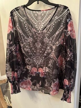 SHEIN 1 XL Floral Sheer Long Sleeve Black Pink Roses Top Blouse